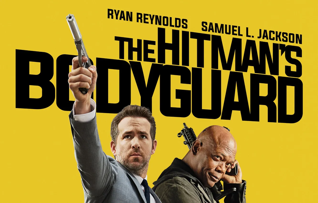 Фото обои оружие, мужчины, жёлтый фон, The Hitmans Bodyguard