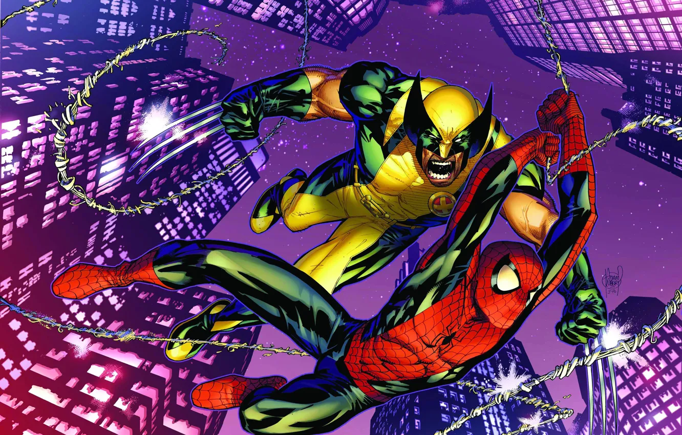 Фото обои небоскребы, Росомаха, Wolverine, комикс, Marvel Comics, Spider-Man, Человек-Паук, Марвел