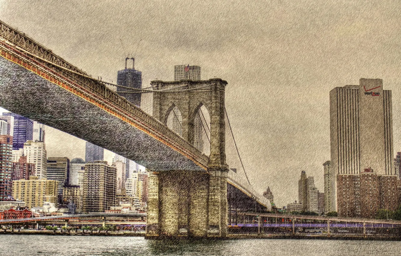 Фото обои город, NYC, Brooklyn Bridge