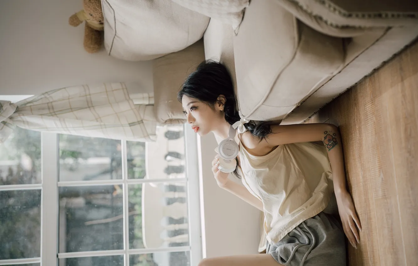 Фото обои Beautiful, Asian, Model, Glass, Headphone, Woman, Sofa, Tattoo