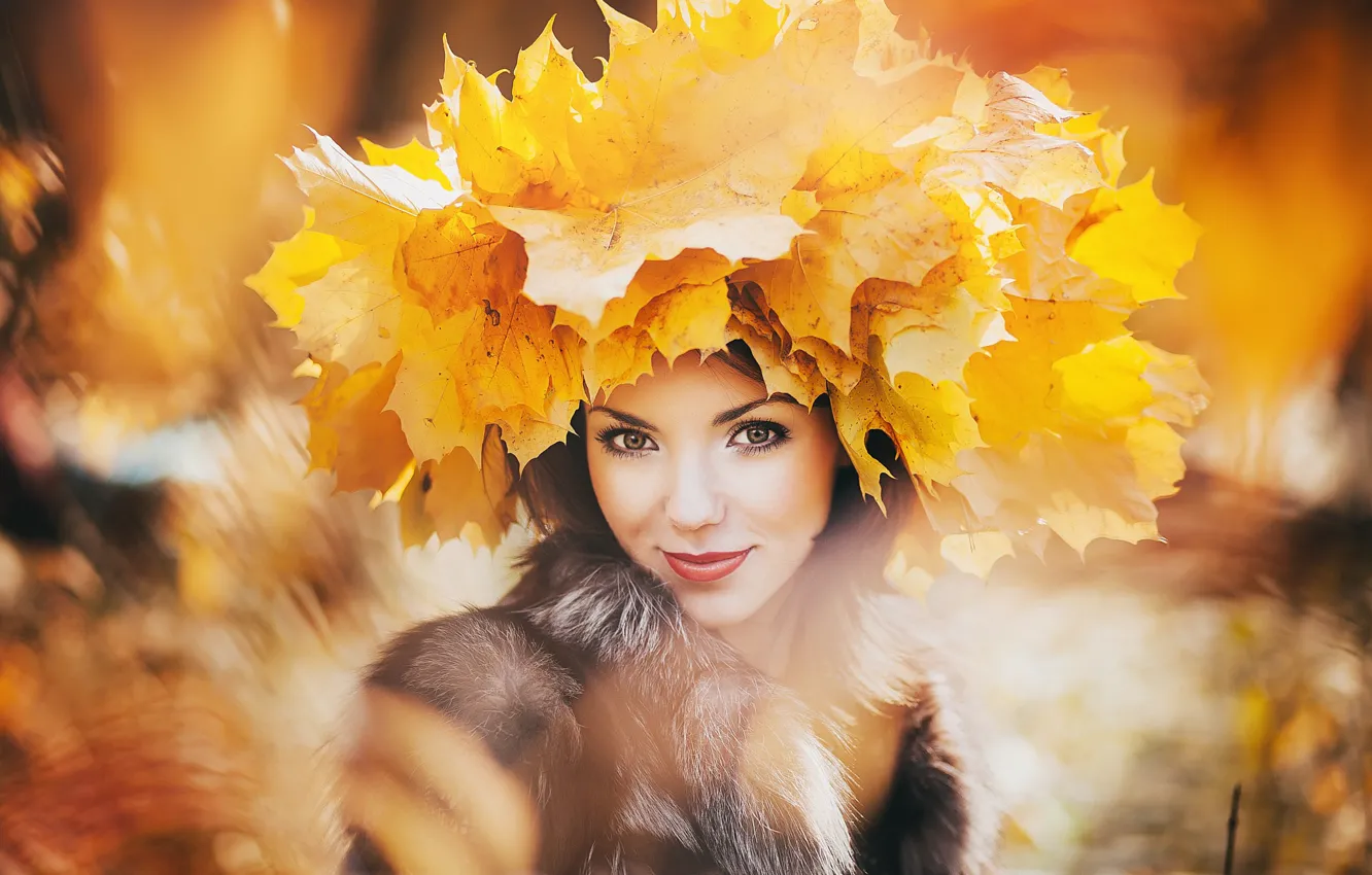 Фото обои осень, девушка, листва, портрет