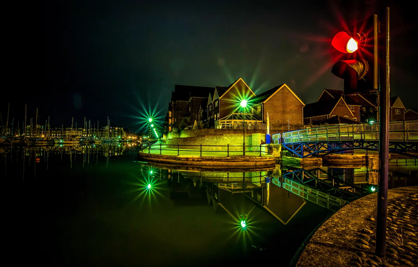 Фото обои ночь, река, Англия, причал, фонари, England, Houses, Rivers