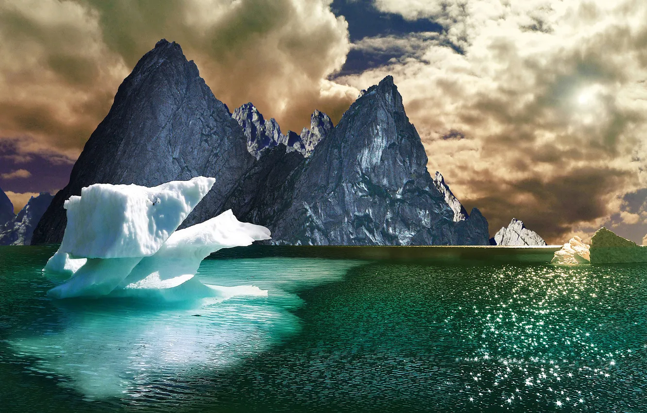 Фото обои лед, небо, облака, горы, озеро