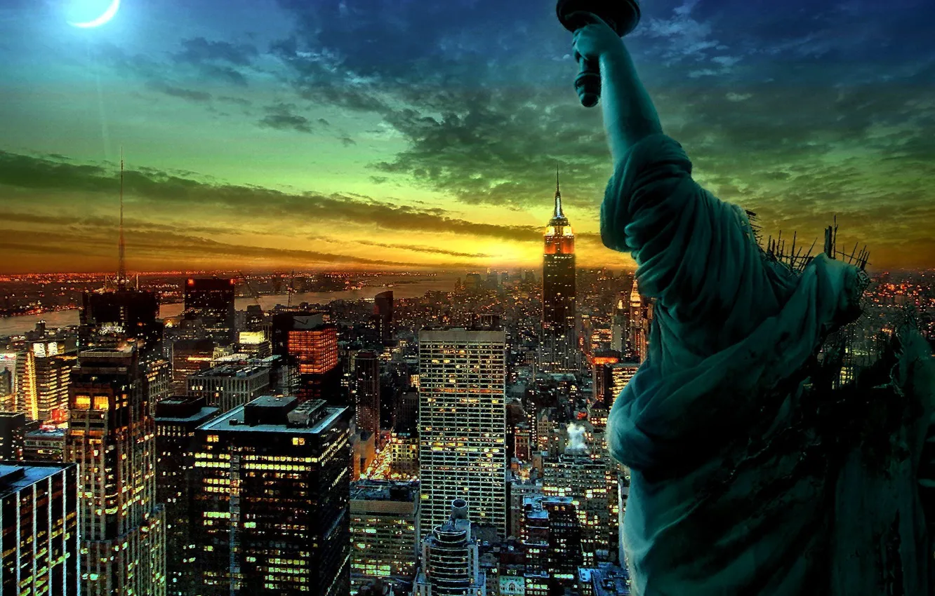 Фото обои ночь, огни, Нью-Йорк, статуя