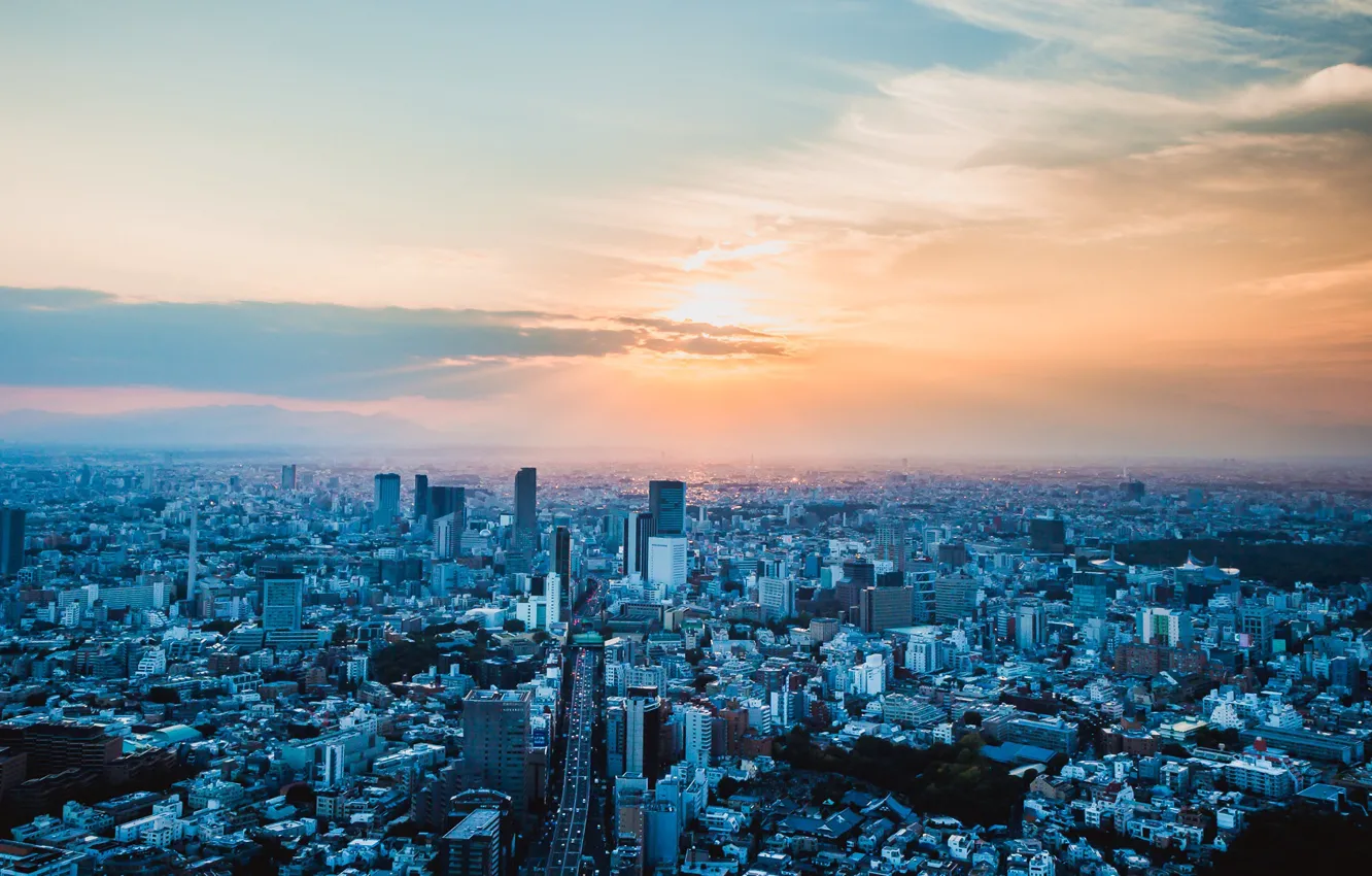 Фото обои небо, солнце, облака, дома, панорама, Tokyo, Japan