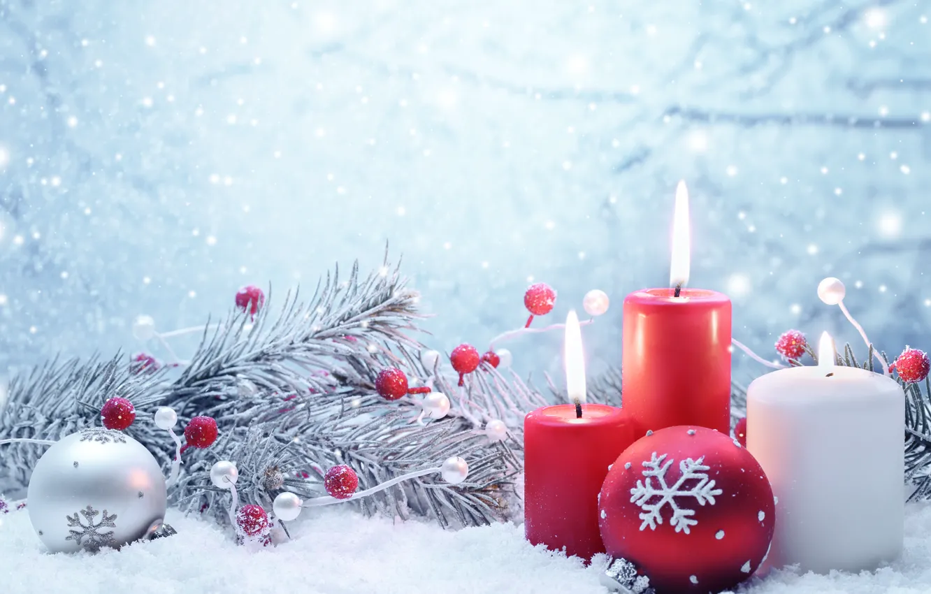 Фото обои зима, снег, игрушки, Новый Год, Рождество, Christmas, winter, snow