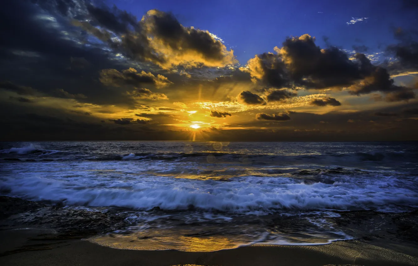 Фото обои солнце, закат, прибой, тихий океан