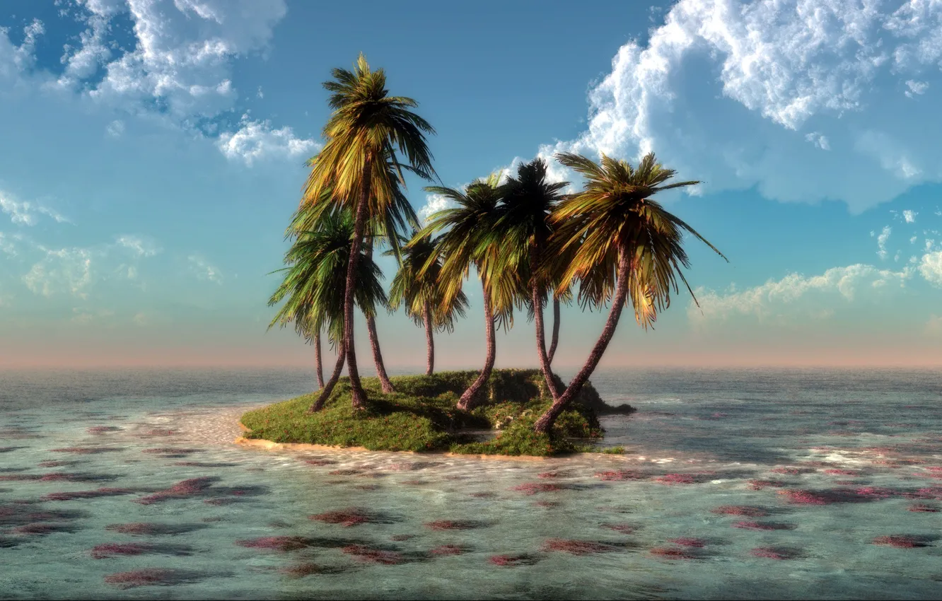 Фото обои море, вода, облака, природа, пальмы, остров, кораллы, арт