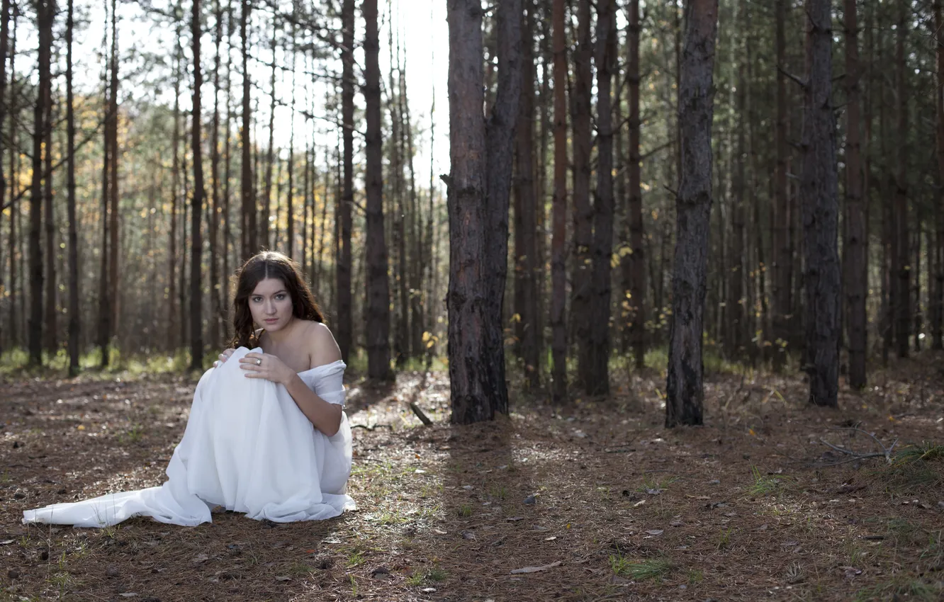 Фото обои лес, взгляд, девушка, деревья, платье, кольцо, шатенка