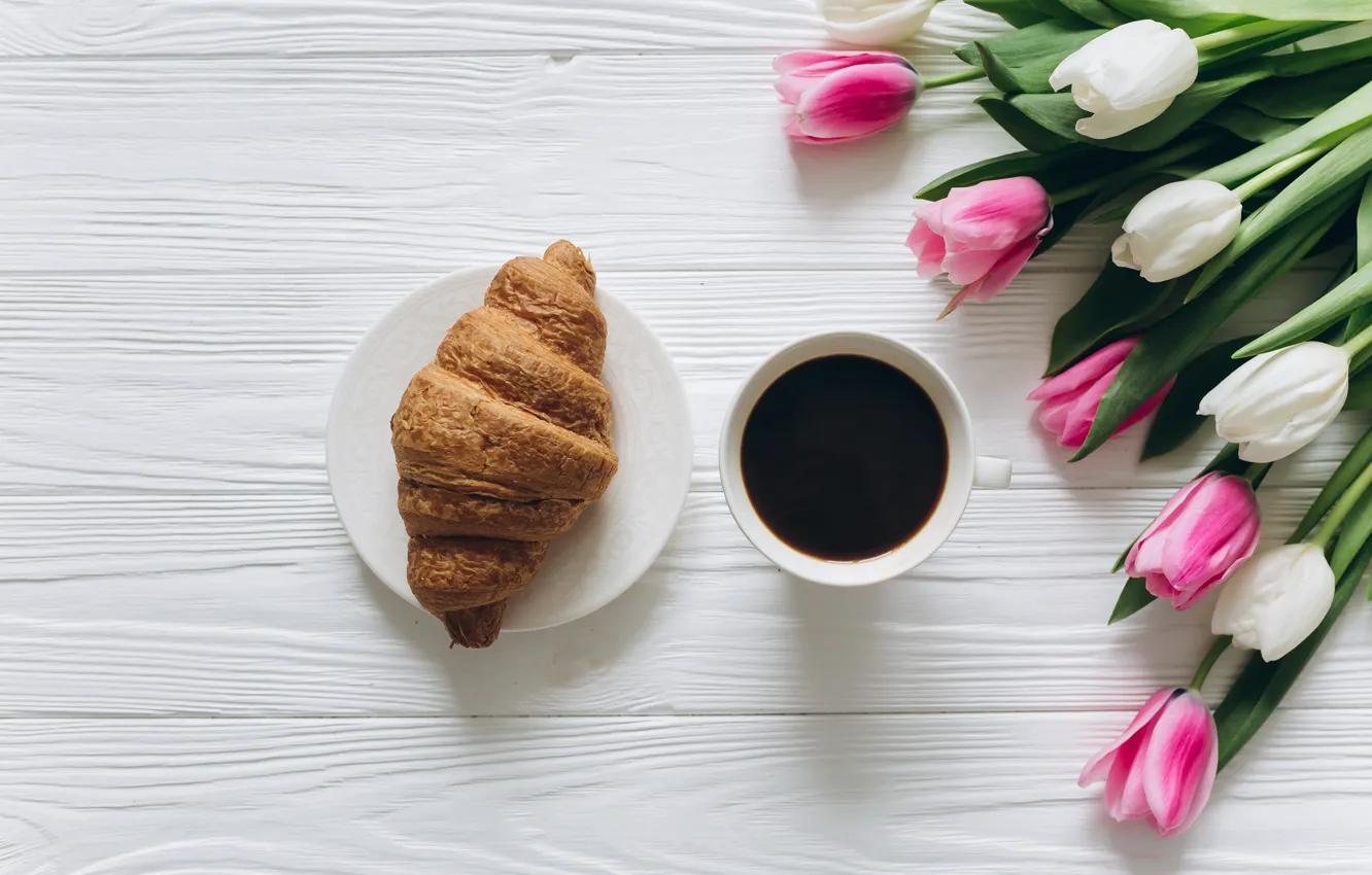 Фото обои цветы, кофе, завтрак, чашка, тюльпаны, розовые, white, heart