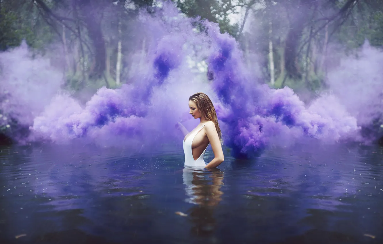 Фото обои girl, rain, smoke, purple, pond