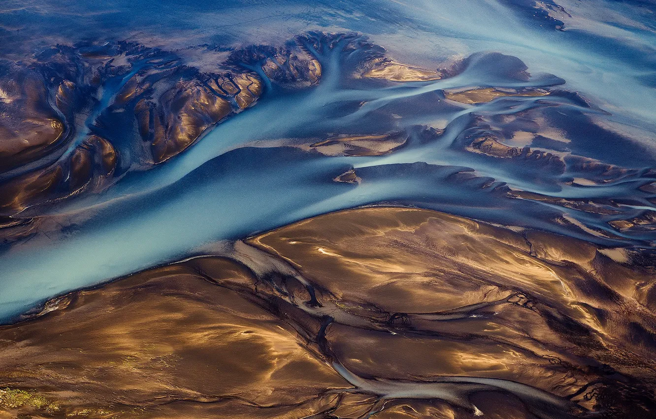 Фото обои Исландия, потоки, реки, ручьи, ледниковой грязи, вулканической пыли, абстрактный пейзаж