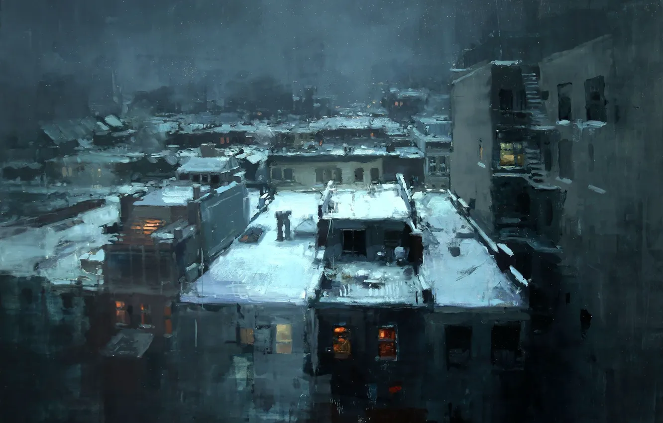 Фото обои снег, крыши, noir, jeremy mann, rooftops in the snow, нуар город