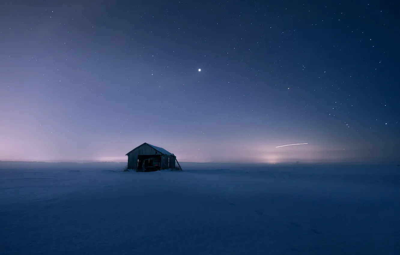 Фото обои поле, снег, ночь, дом