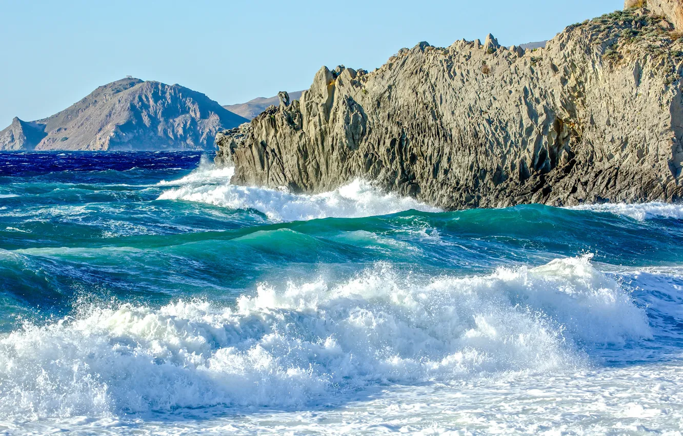 Фото обои waves, summer, sea, ocean, hill, sunny, cliffs, troubled sea