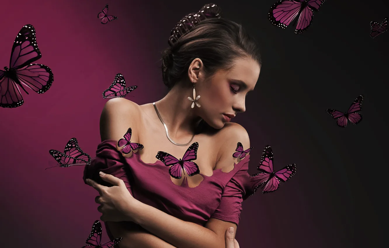 Фото обои бабочки, женщина, girl, beautiful, face, person, butterflies