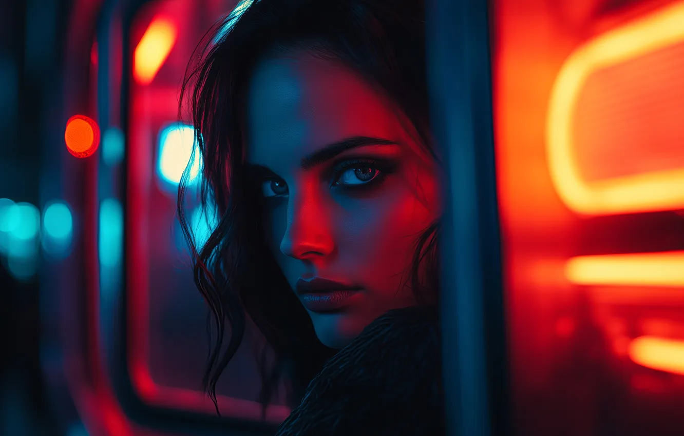 Фото обои девушка, ночь, лицо, неон, night, neon, women, face