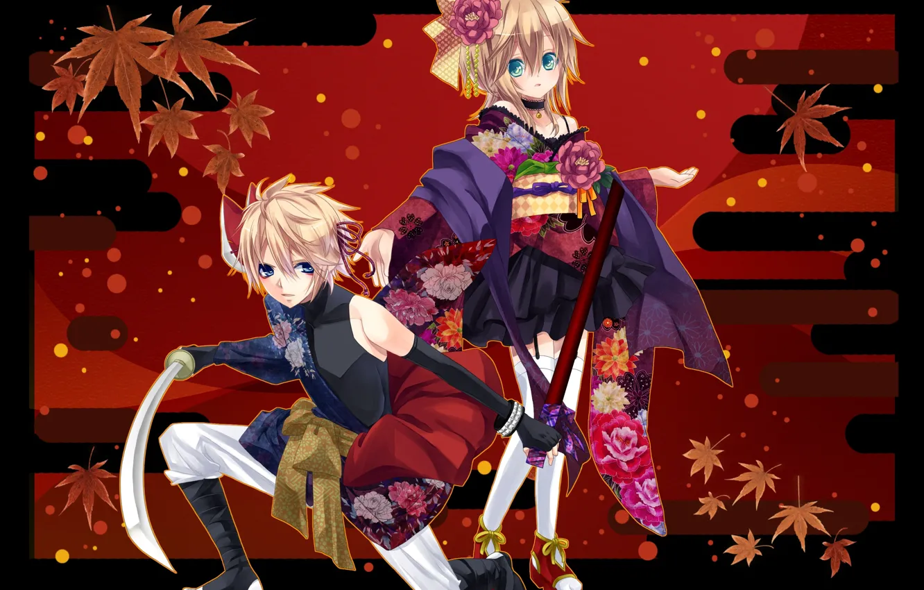 Фото обои цветы, меч, аниме, мальчик, арт, девочка, двое, Vocaloid
