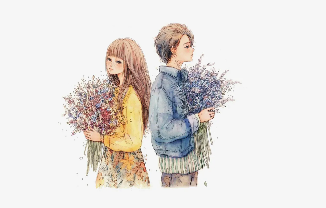 Фото обои дети, романтика, букет, мальчик, куртка, девочка, голубой фон, полевые цветы