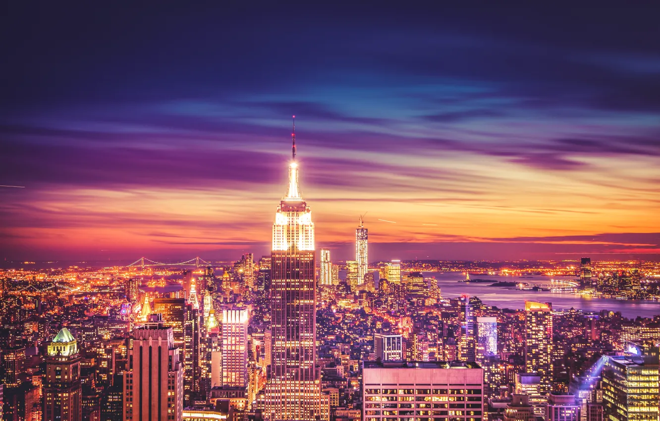 Фото обои здания, Нью-Йорк, панорама, ночной город, Манхэттен, небоскрёбы, Manhattan, New York City