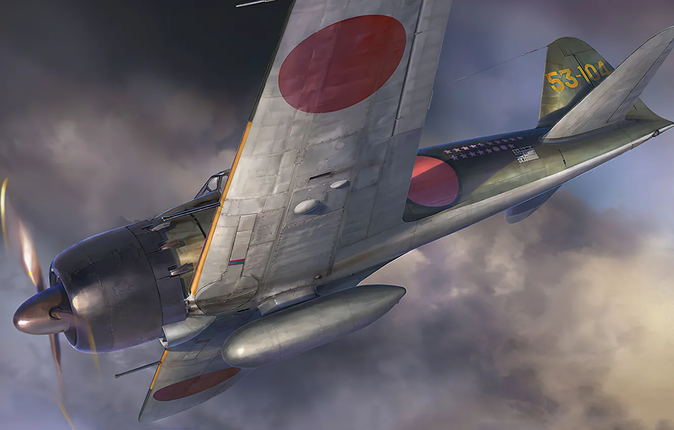 Фото обои Mitsubishi, art, airplane, aviation, ww2, zero, a6m