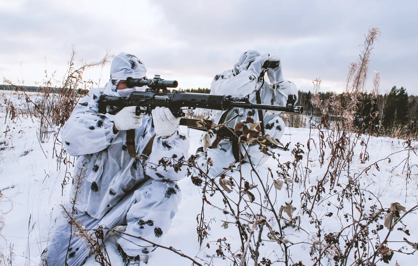 Фото обои зима, снег, оружие, снайпер, камуфляж, спецназ