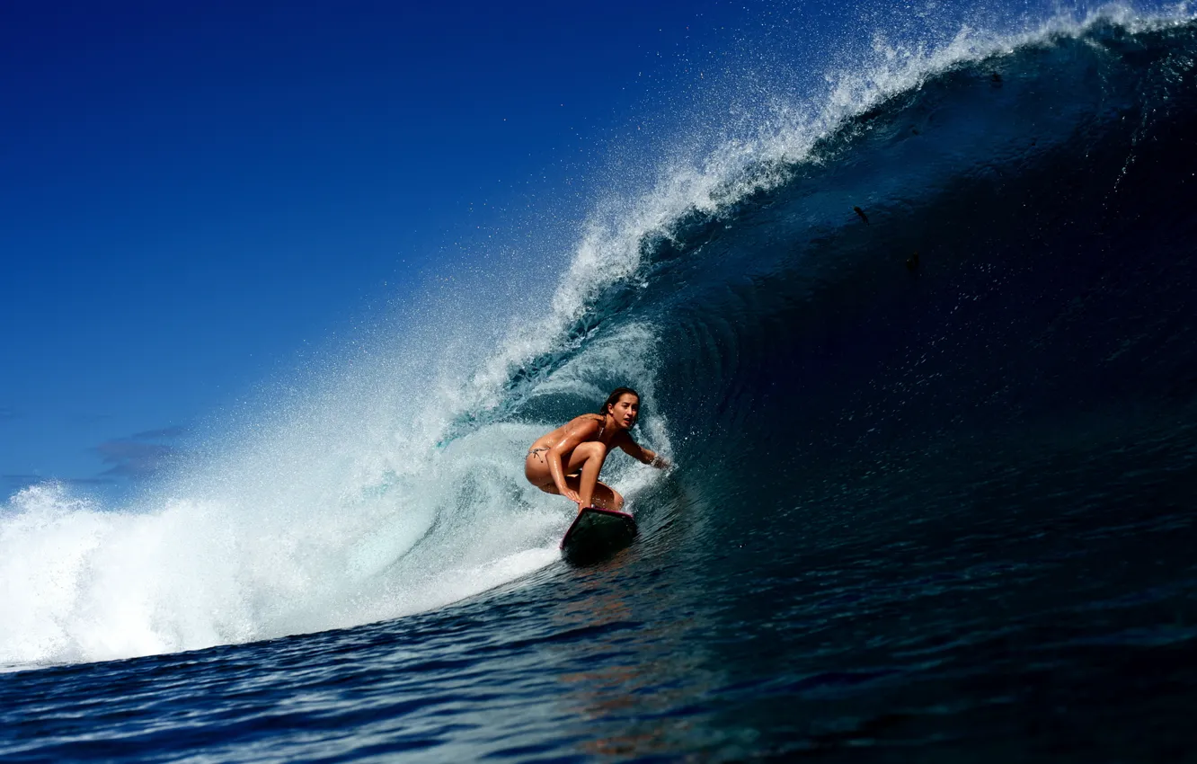 Фото обои девушка, океан, волна, серфинг, доска, surfing