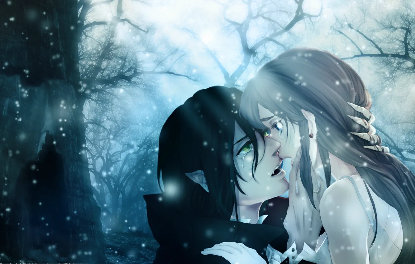 Фото обои лес, девушка, светлячки, сумрак, вампир, слёзы, Vampire Kiss