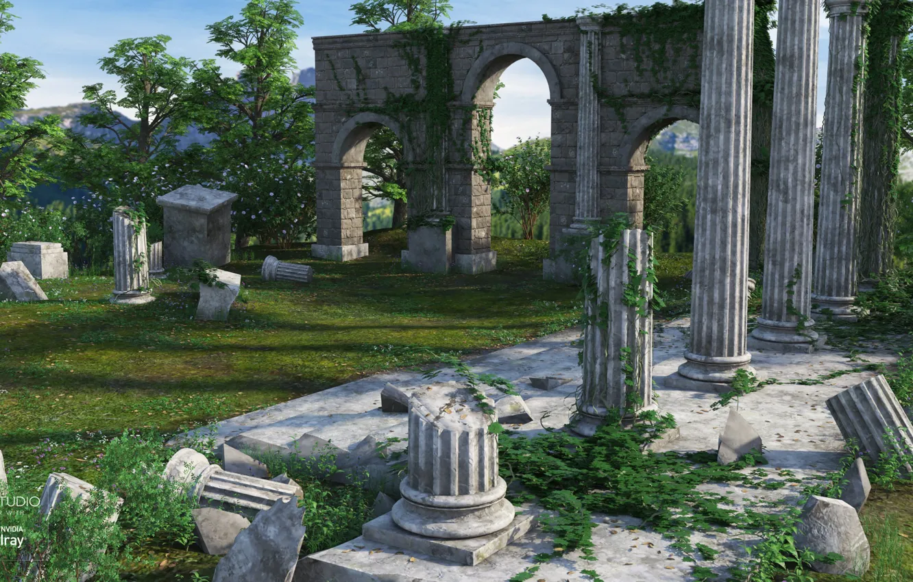 Фото обои деревья, развалины, колонны, руины, Ancient Ruins