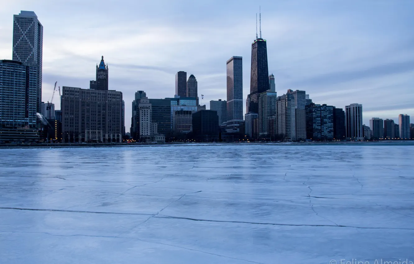 Фото обои зима, снег, лёд, небоскребы, Чикаго, USA, Chicago, illinois