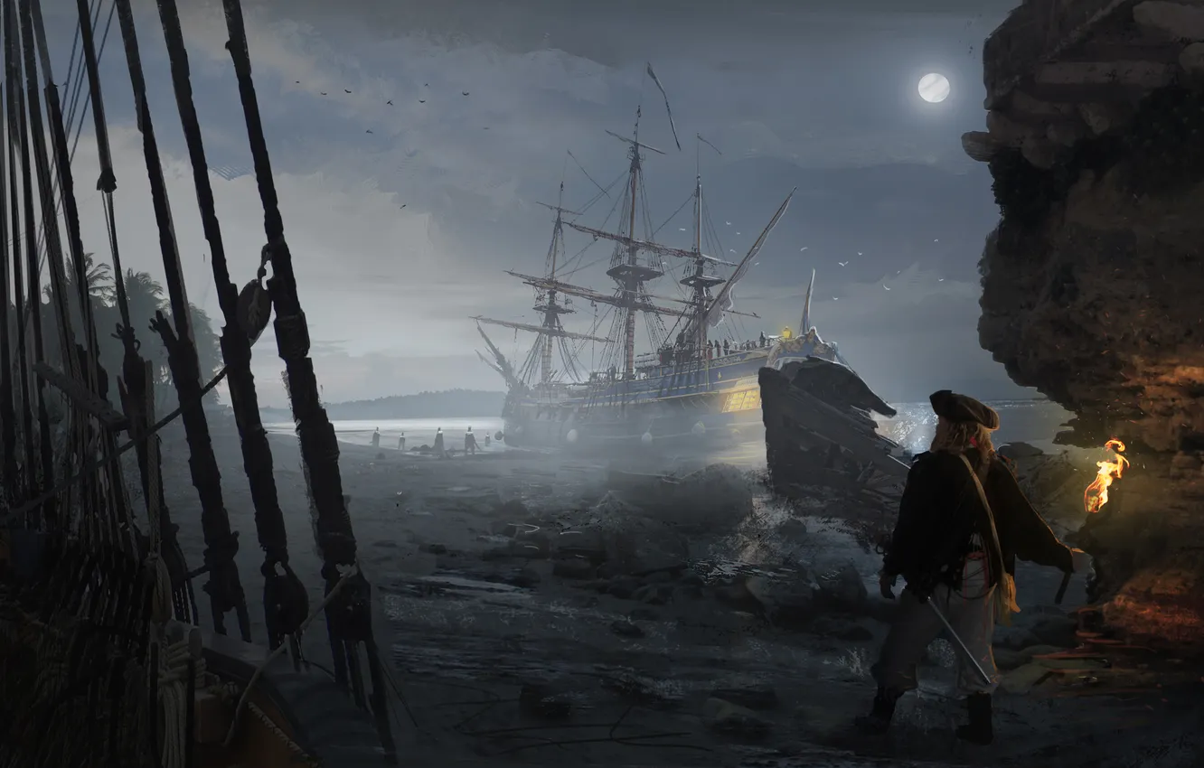 Фото обои ночь, огонь, луна, корабль, факел, пираты, кораблекрушение, art