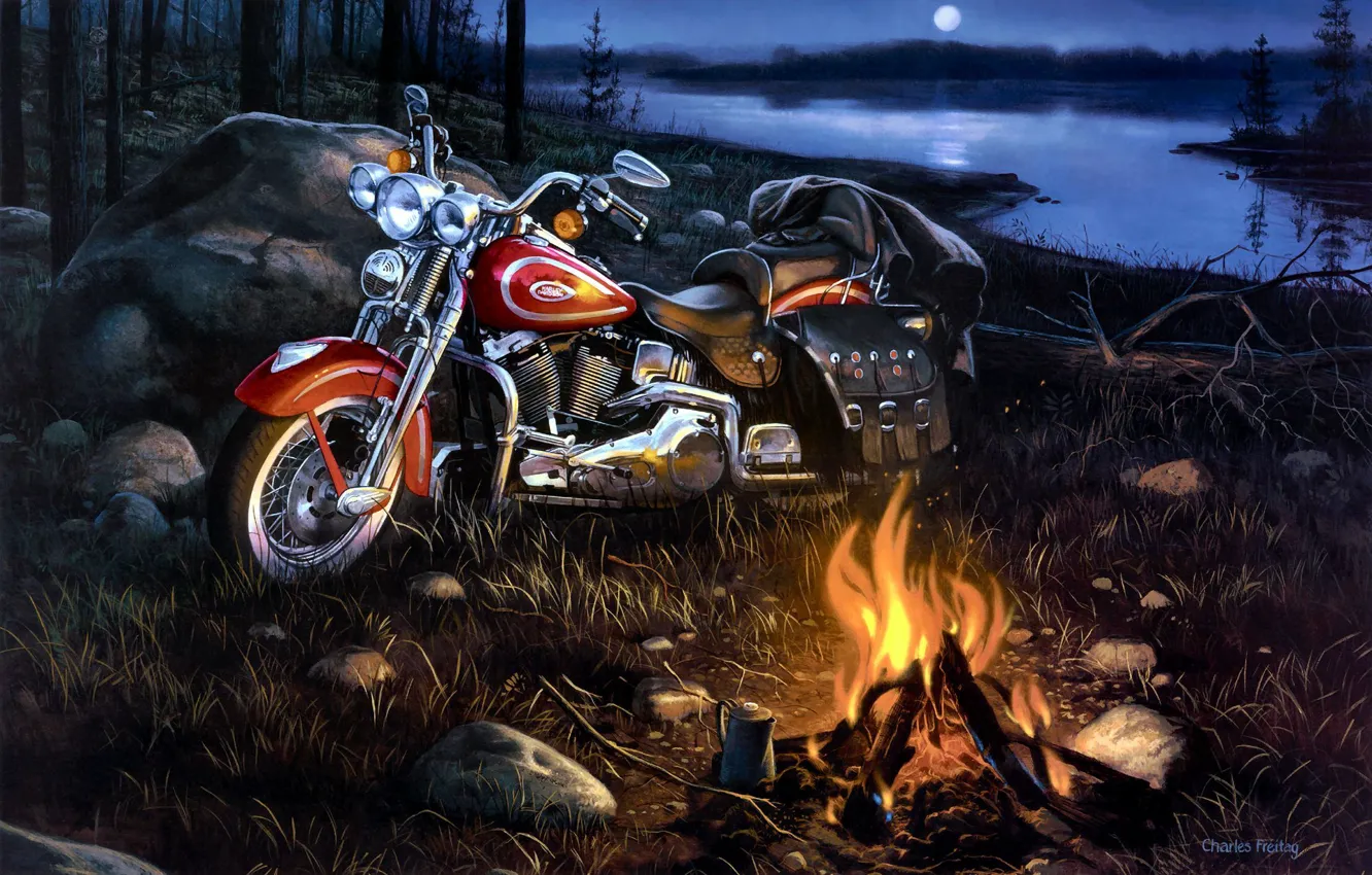 Фото обои пейзаж, река, арт, мотоцикл, костёр, Harley-Davidson, Charles Freitag