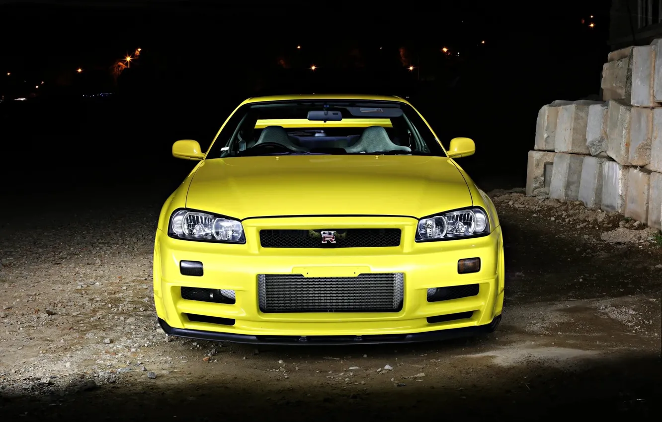 Фото обои GT-R, Skyline, Yellow, R34, Front view