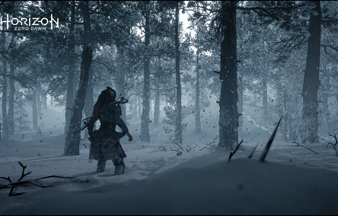 Фото обои game, forest, mountain, horizon zero dawn, aloy