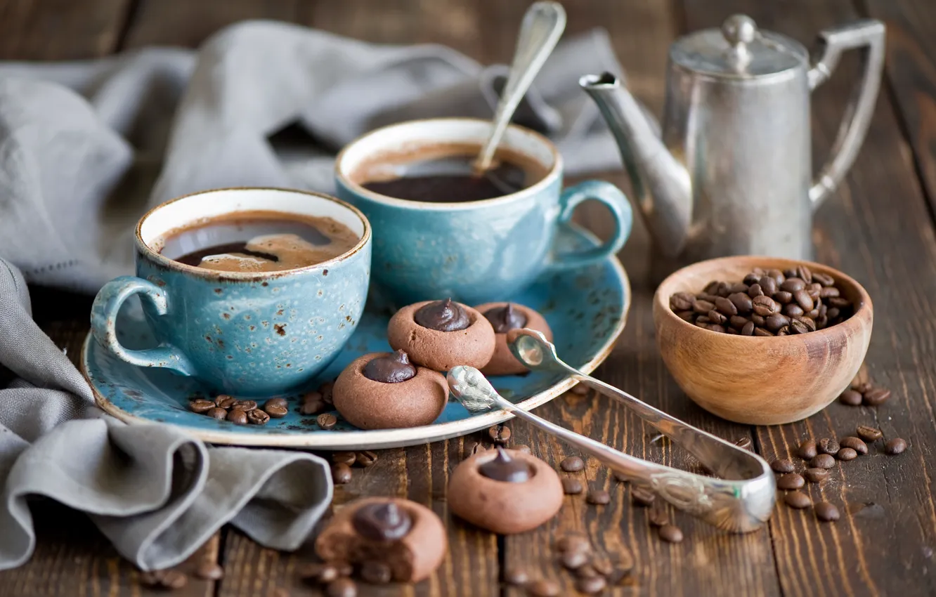 Фото обои кофе, зерна, чайник, печенье, чашки, сервиз, шоколадное, Anna Verdina