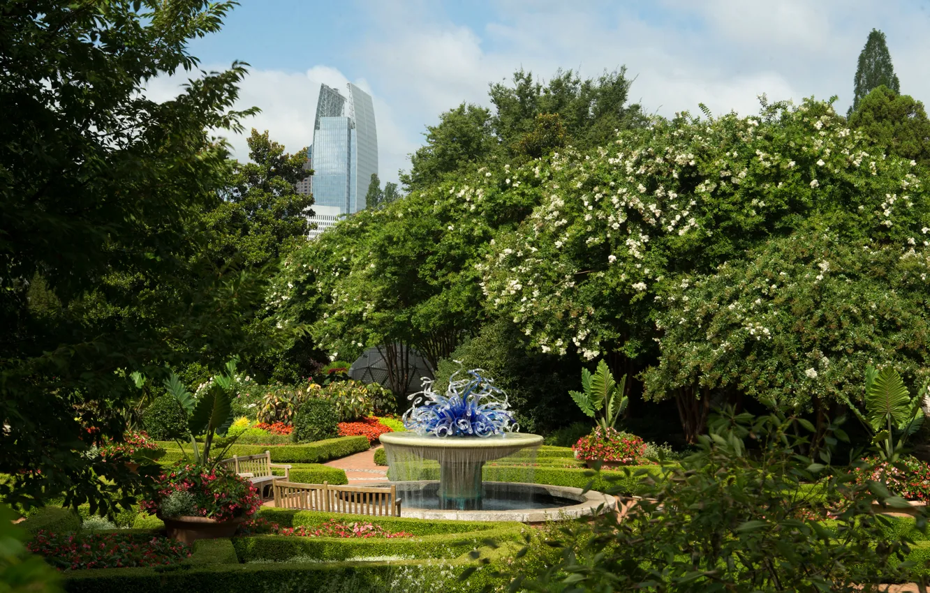Фото обои деревья, цветы, парк, фонтан, США, скамейки, кусты, Atlanta
