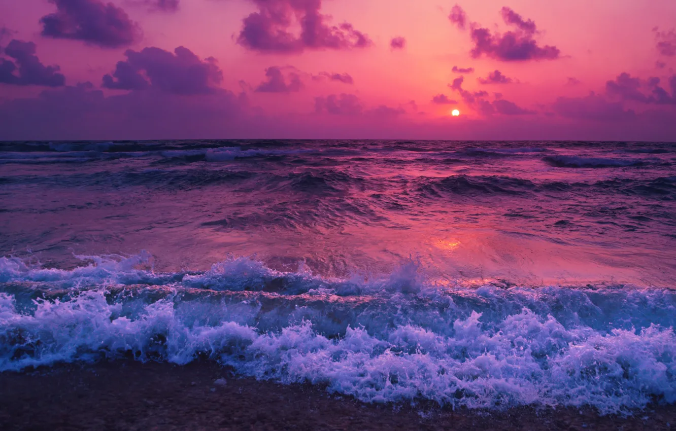 Фото обои waves, sea, sunset