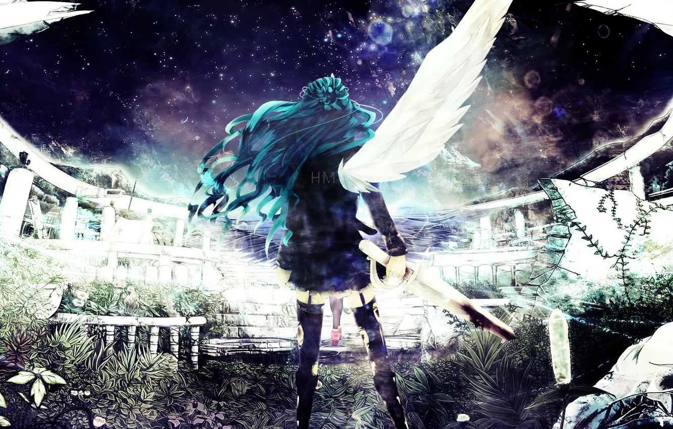 Фото обои небо, девушка, звезды, природа, оружие, кровь, крылья, ангел