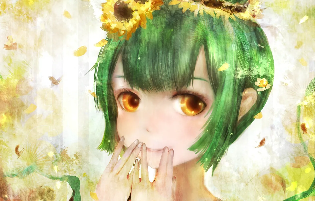 Фото обои цветы, улыбка, руки, арт, девочка, зеленые волосы, zhang xiao bo