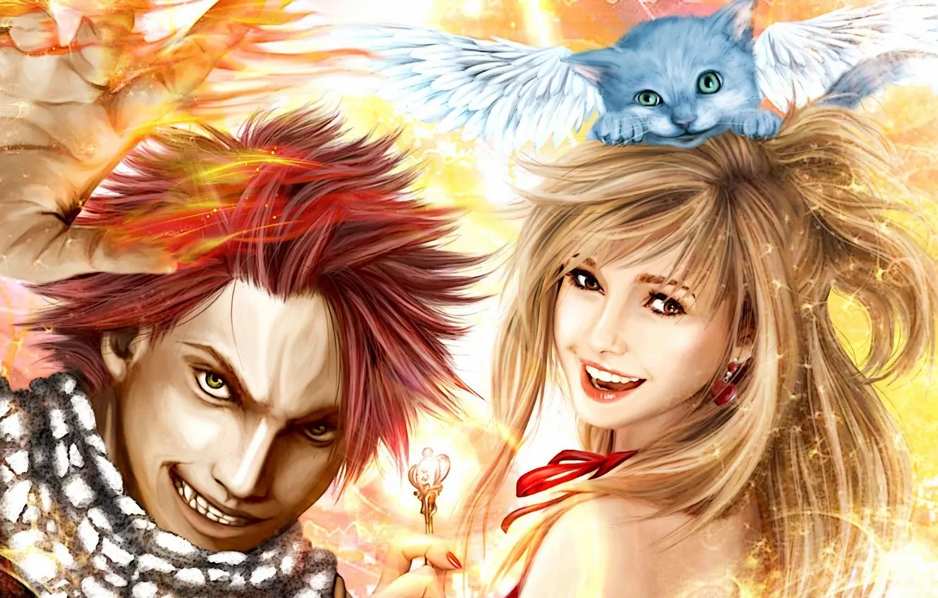 Фото обои девушка, котенок, крылья, смех, ключ, арт, парень, happy