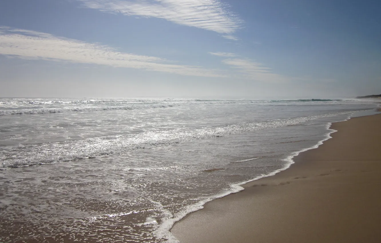 Фото обои песок, море, волны, небо, вода, солнце, облака, свет
