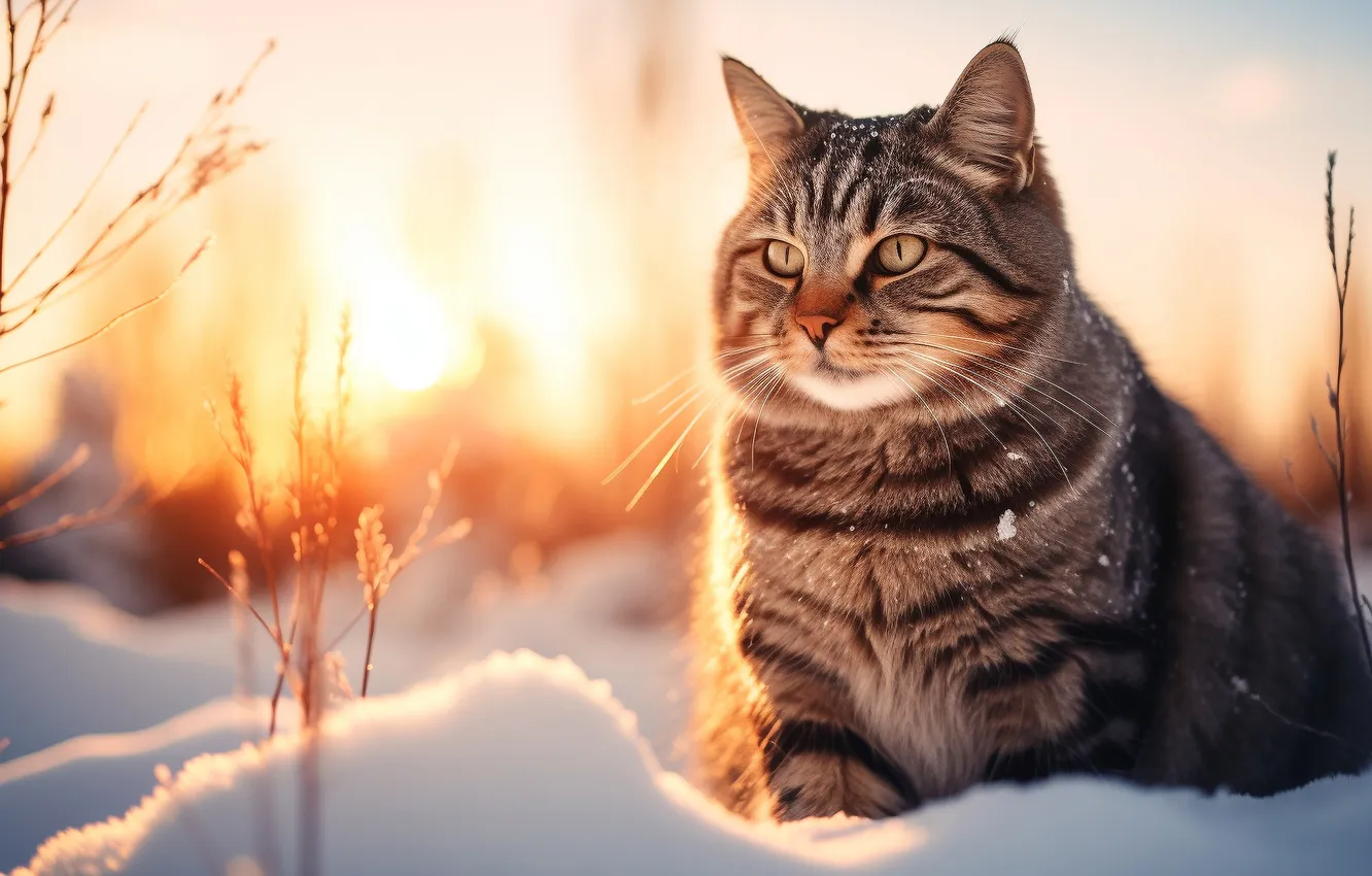 Фото обои зима, кошка, кот, взгляд, солнце, лучи, свет, снег