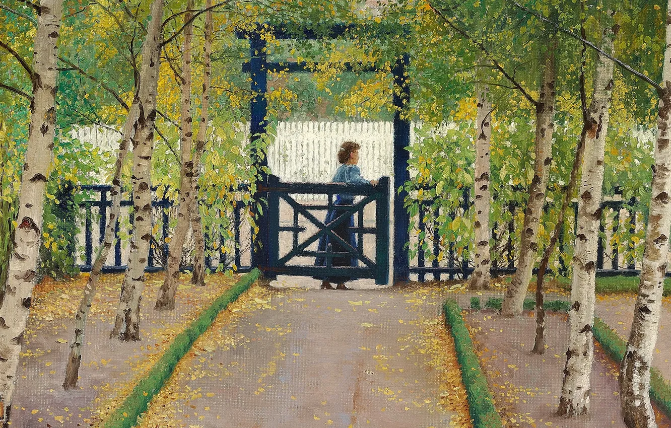 Фото обои Девушка, Деревья, Картина, Березы, Калитка, Поль Густав Фишер, Paul Gustav Fischer, Paul Fischer