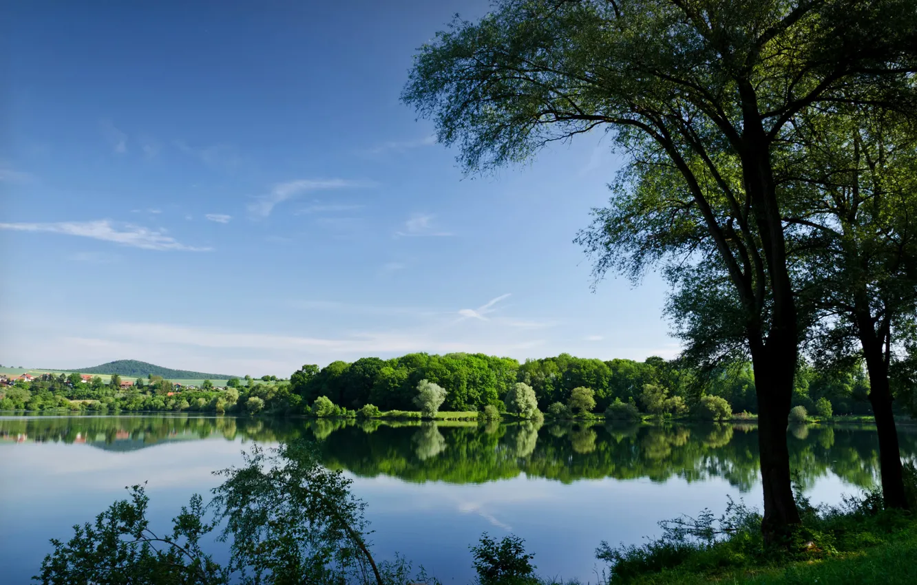 Фото обои лето, деревья, озеро, отражение, река, водоем