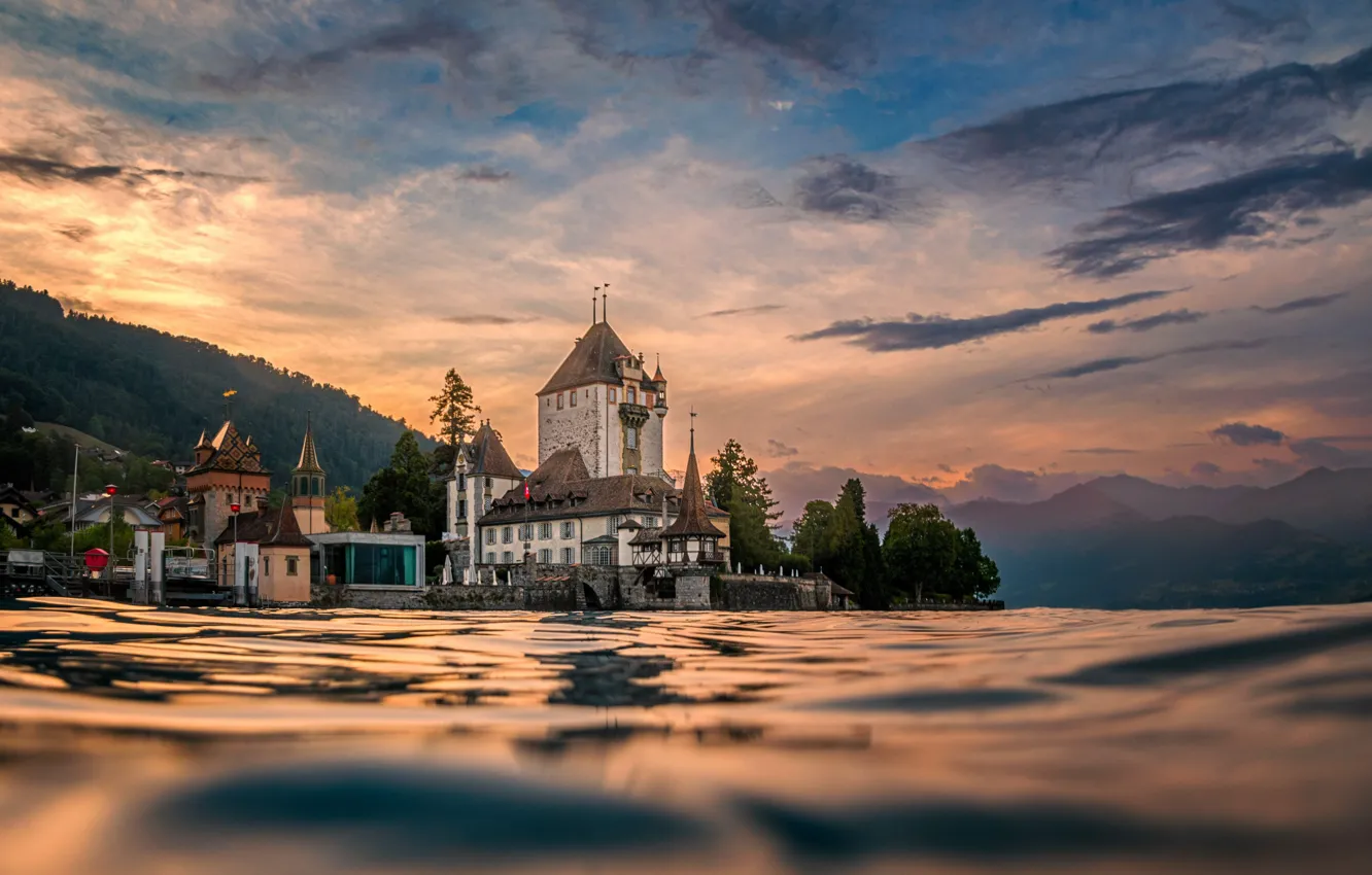 Фото обои вода, горы, озеро, замок, здания, дома, Швейцария, Альпы