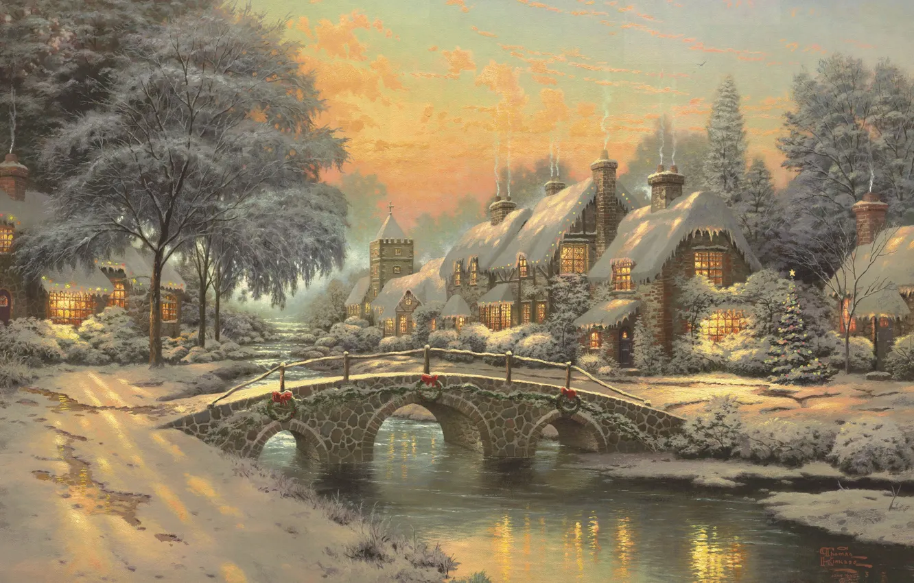 Фото обои Рождество, городок, живопись, ёлочка, Томас Кинкейд, Thomas Kinkade, коттеджи