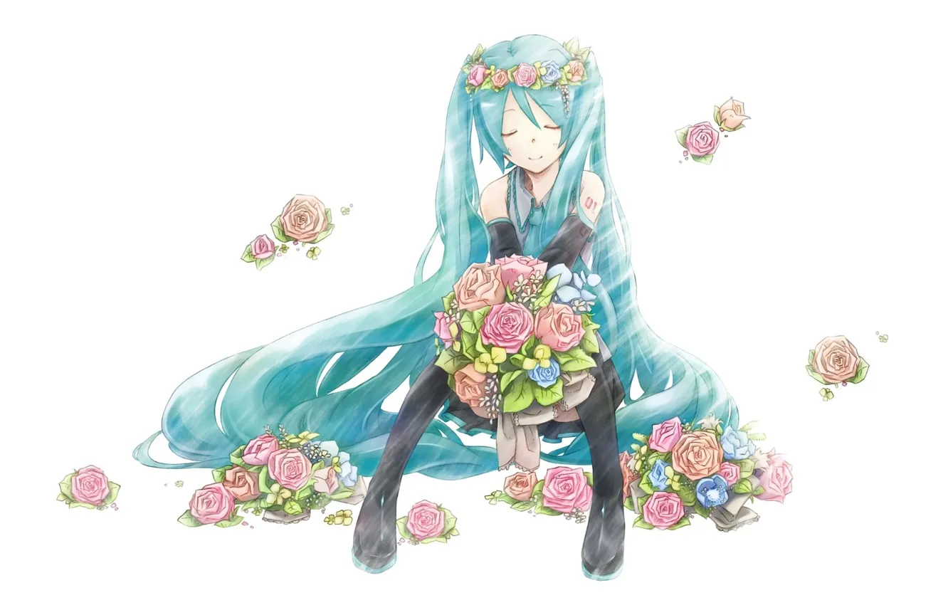 Фото обои белый фон, vocaloid, сидит, Hatsune Miku, вокалоид, голубые волосы, розовые розы, закрытые глаза