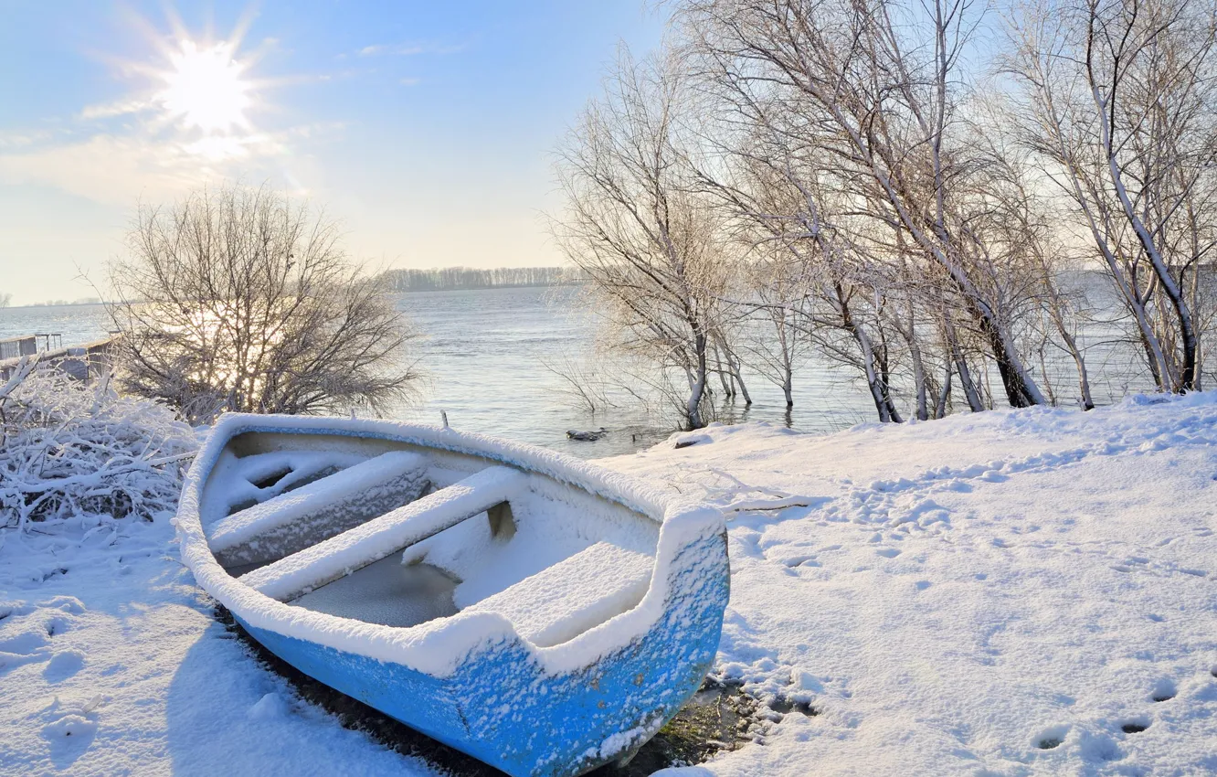 Фото обои зима, снег, лодка, новый год, рождество, мороз