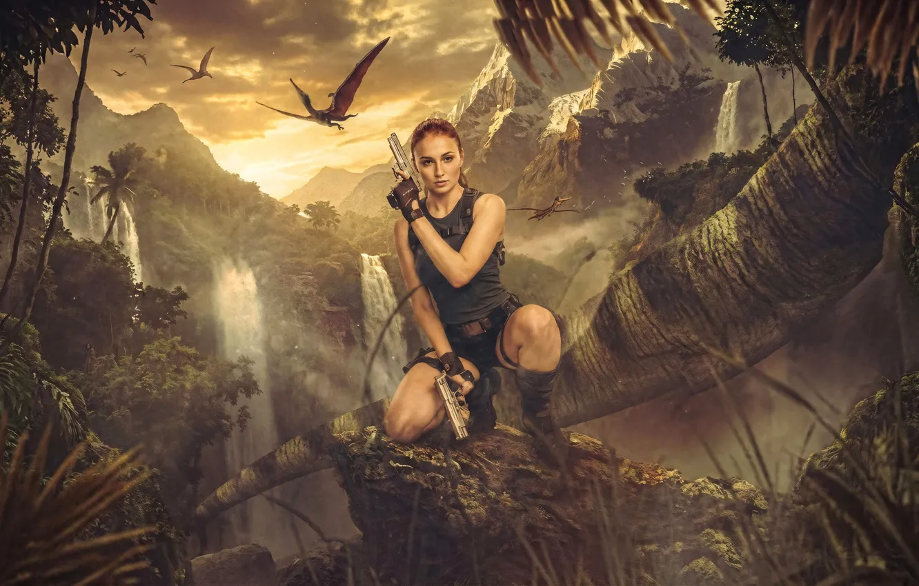 Фото обои оружие, фигура, джунгли, арт, Tomb Raider, сериал, Лара Крофт, Софи Тёрнер
