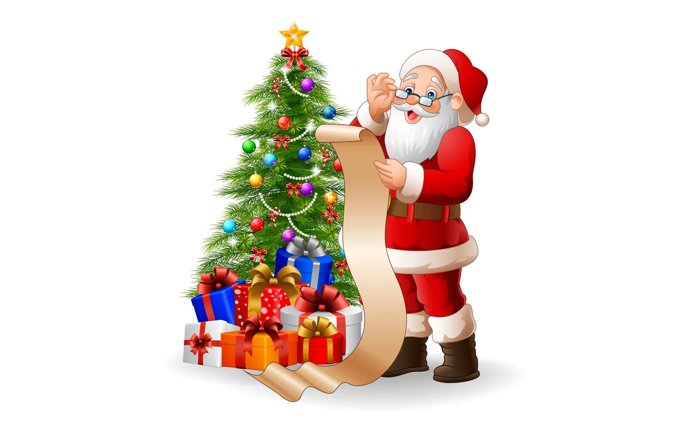 Фото обои Рождество, подарки, белый фон, Новый год, ёлка, список, Санта-Клаус